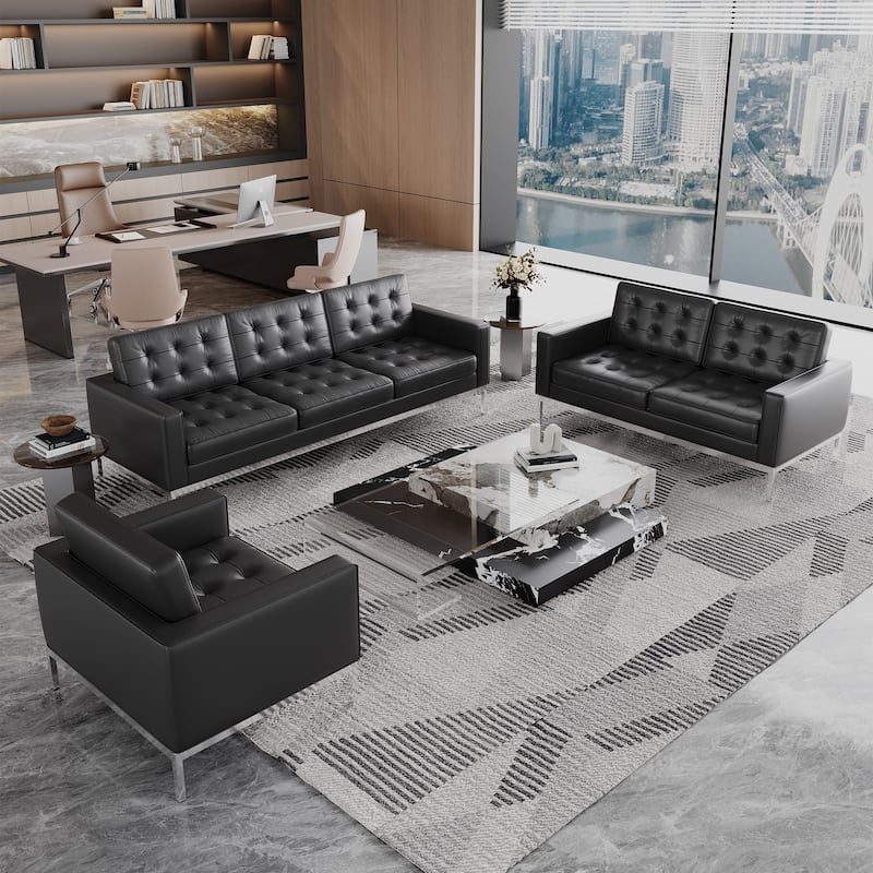 Black Leatherite Nailheads Florence 33''-83''W Multi-seat Sofa