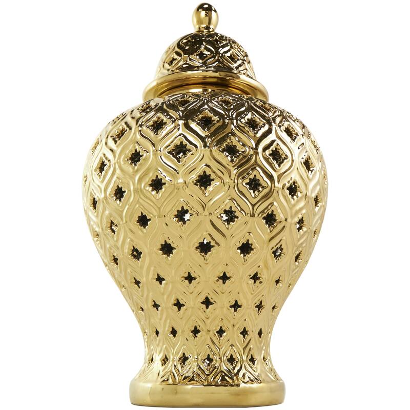 Ceramic Decorative Jars with Geometric Cutout Design and Lid - Gold - Roche River Decor