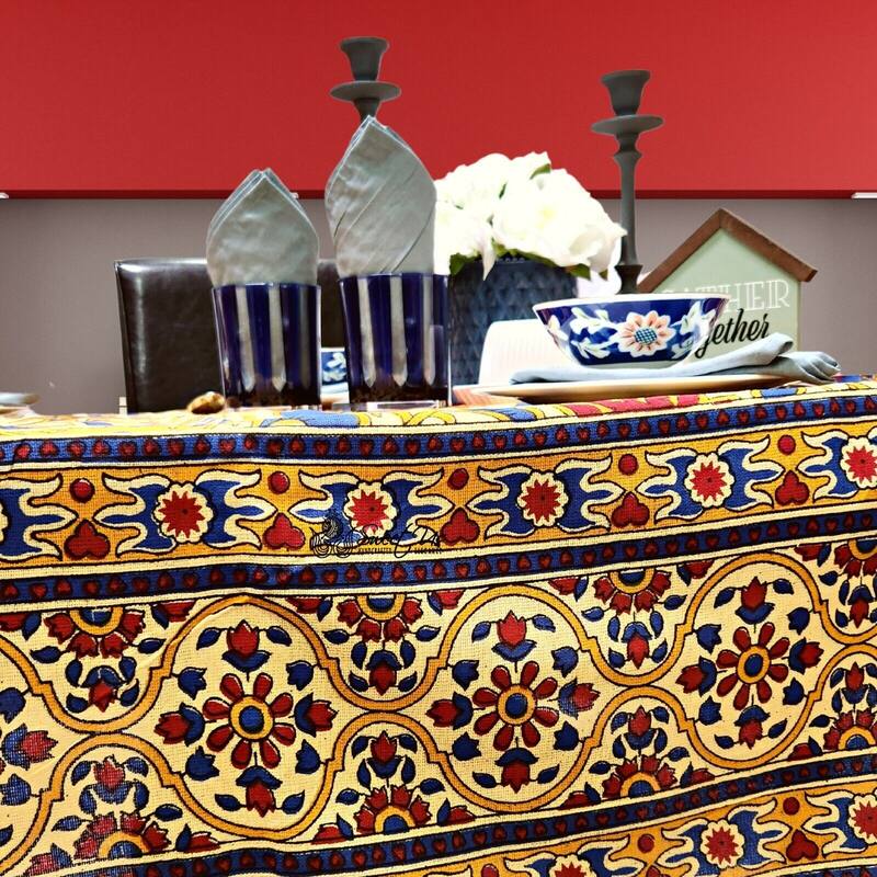 Bloom Kalamkari Lightweight Cotton Sunflower Tablecloth Rectangle