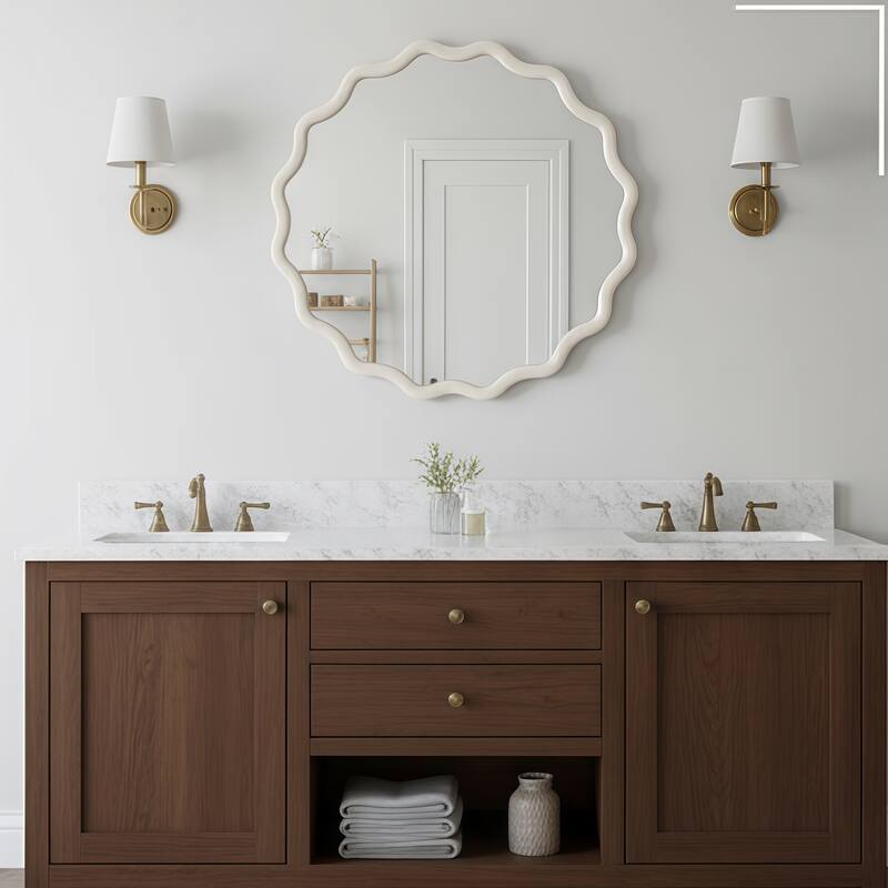 Wavy Round Solid Wood Frame Decorative Mirror Modern Farmhouse Wall Mirror For Bedroom Bathroom Living Room Entryway