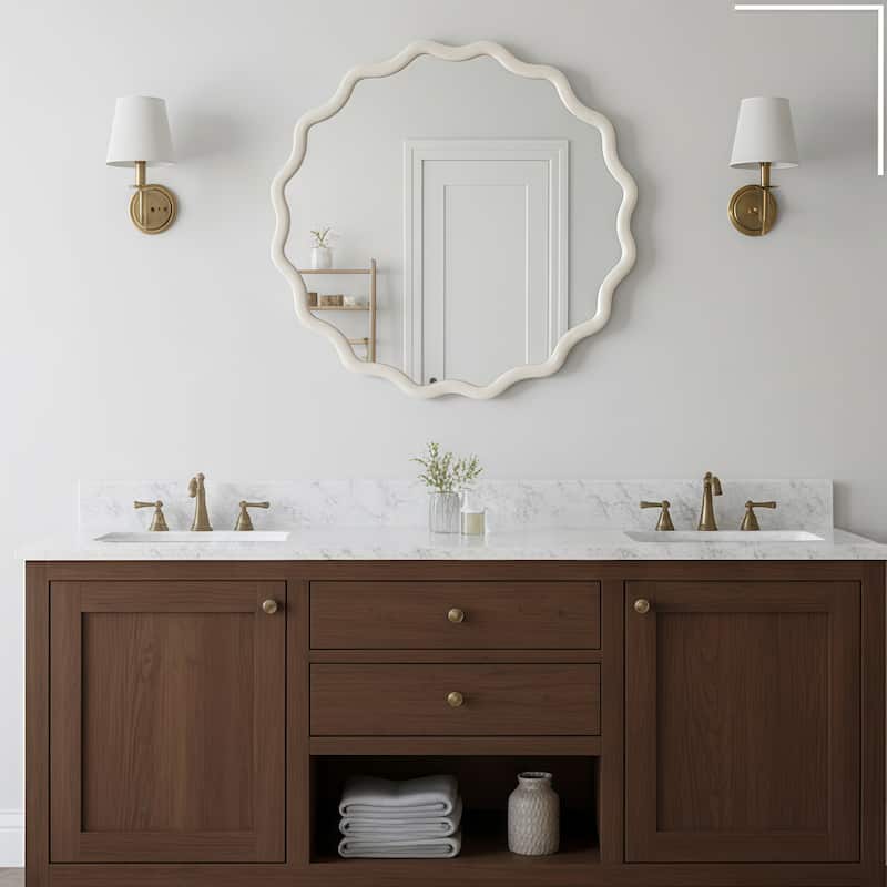 White Wavy Round Solid Wood Decorative Mirror - Bedroom, Bathroom, Living Room, Entryway