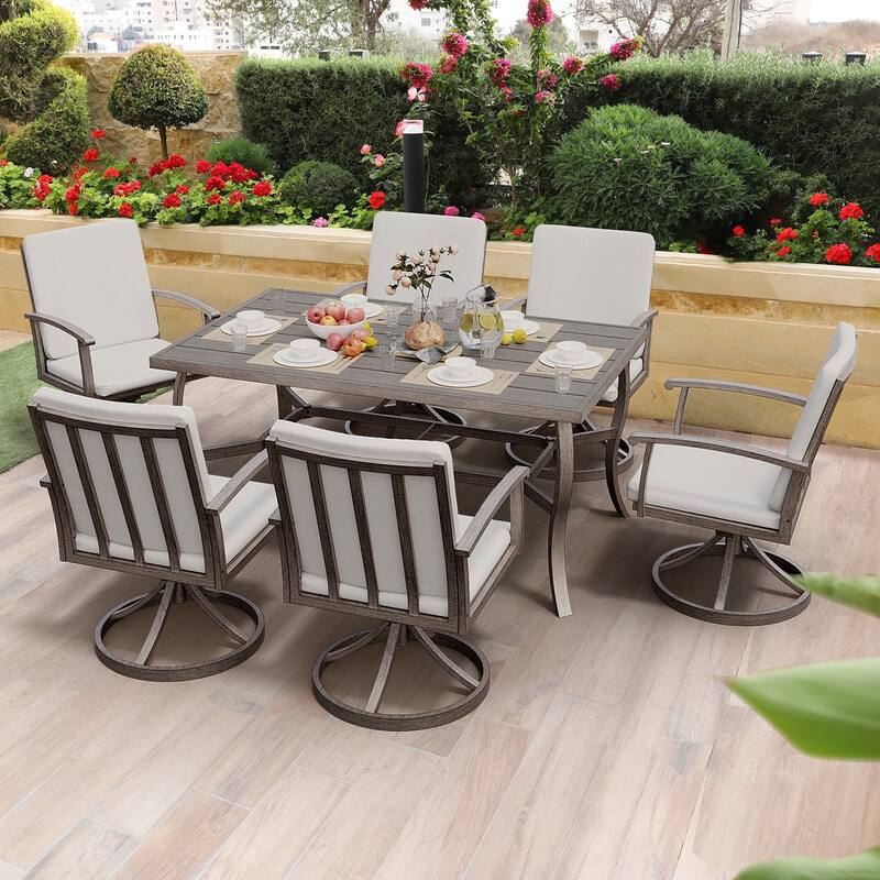 EGEIROS LIFE AluLux 7-Piece Aluminum Patio Dining Set with 6 Swivel Dining Chairs and Washable Cushions