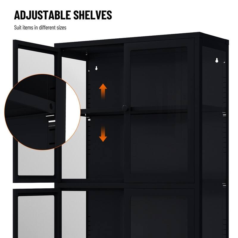 Storage Cabinet with 4 Glass Doors, Modern Sideboard Cabinet with Adjustable Shelves & Steel Feet, Accent Cabinet for Kitchen