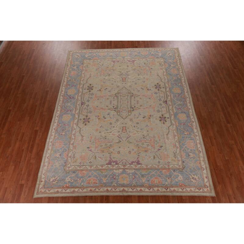 Hand Knotted Oriental 100% Wool Carpet Transitional All-Over Beige & Ivories Oushak Area Rug - 11' 9'' X 9' 1''