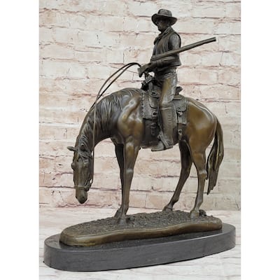 Western Cowboy On Horseback W/ Shotgun Bronze Sculpture Statue 16 Inches X 14 Inches