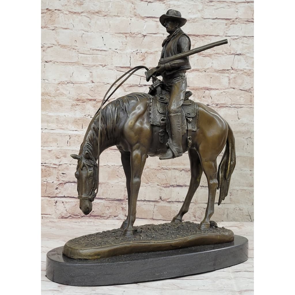 Western Cowboy On Horseback W/ Shotgun Bronze Sculpture Statue 16 Inches X 14 Inches