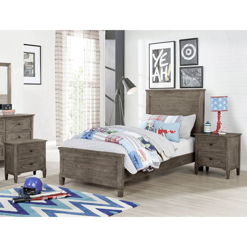 Furniture of America Lanister 3-Piece Wood Wire-Brushed Warm Grey Kids Panel Bed and 2 Nightstands Set - Twin