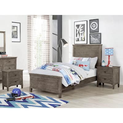Furniture of America Lanister 3-Piece Wood Wire-Brushed Warm Grey Kids Panel Bed and 2 Nightstands Set
