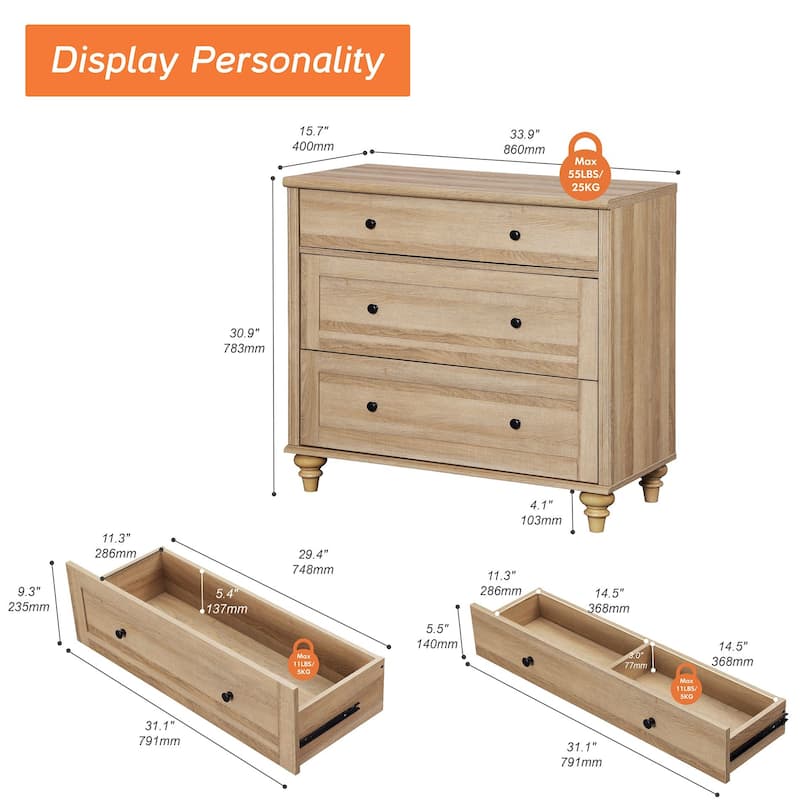 Nightstand Bedside Table, Wood Side Table with 3 Drawer