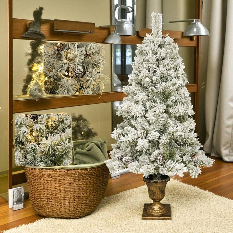 Pre-Lit Christmas 4-Piece Set with LED Lights, Garland, Wreath and 2 Entrance Trees, 325 Lights PVC Holiday Decor