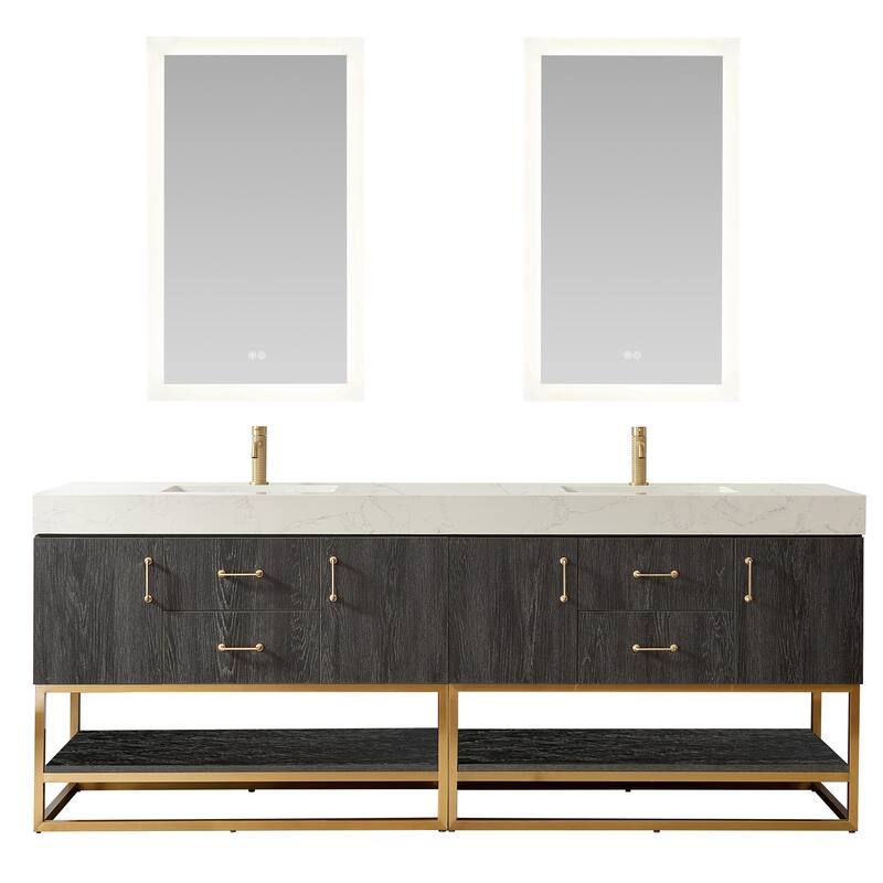 Alistair Bath Vanity with Grain White Stone Top and Mirror - 84in. - North American Black Oak