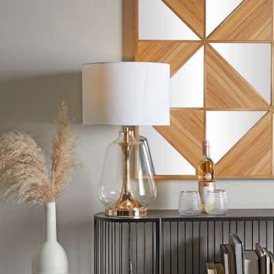CosmoLiving by Cosmopolitan Gold Tempered Glass Transparent Base Table Lamp with Drum Shade