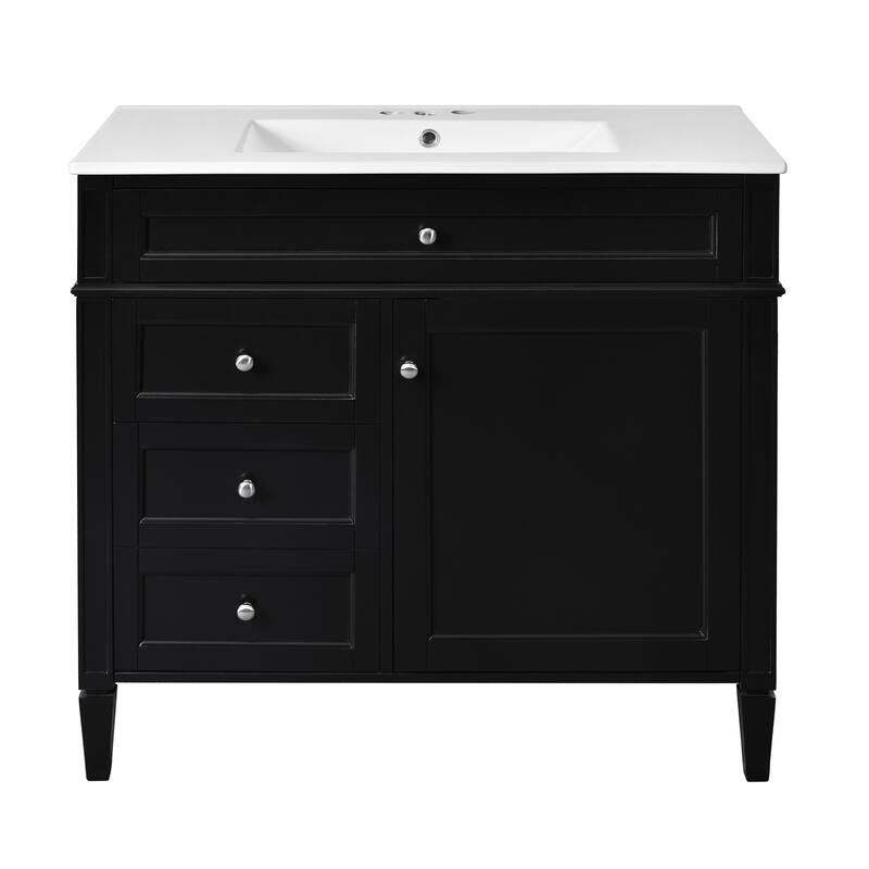 Modern Single Sink Bathroom Vanity Cabinet with Door Rack, Tip-out Drawer, 2 Pull-out Drawers, Metal Knobs and Adjustable Shelf