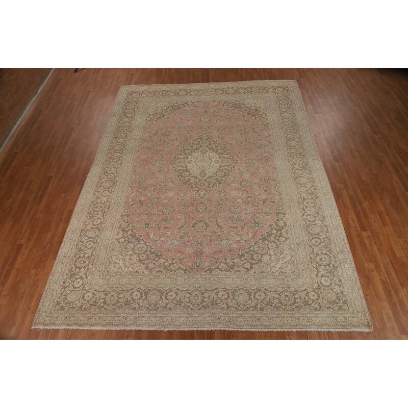 Traditional Pink Mashad Persian Vintage Area Rug Handmade Wool Carpet - 9'7" x 12'8"