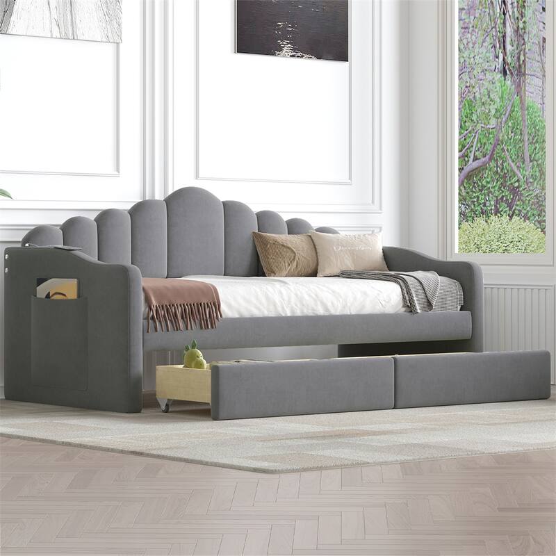Twin size Upholstered Daybed with 2 Drawers ,Velvet Sofabed