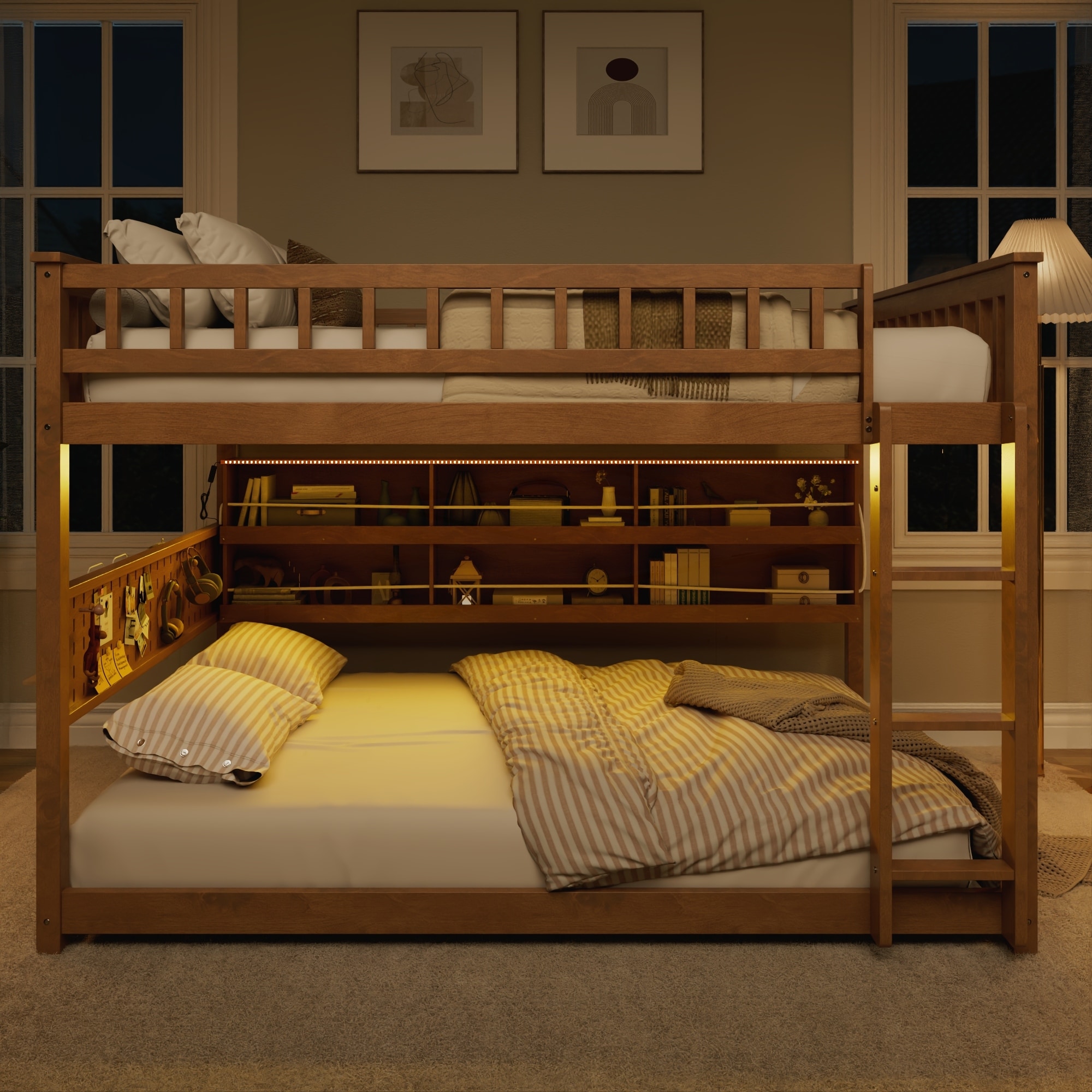 Full over Full Bunk Bed with Integrated Shelving, Color-Changing Lights and Pegboard