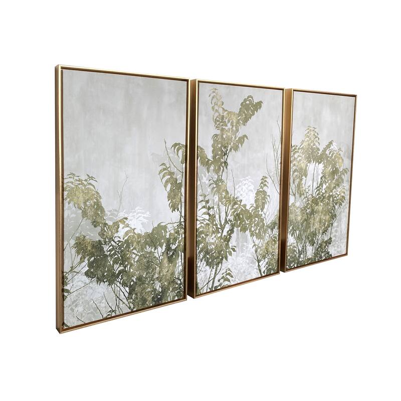 "Greige Botanicals" 3 Piece Set Print on Gold Floating Framed Canvas Wall Art