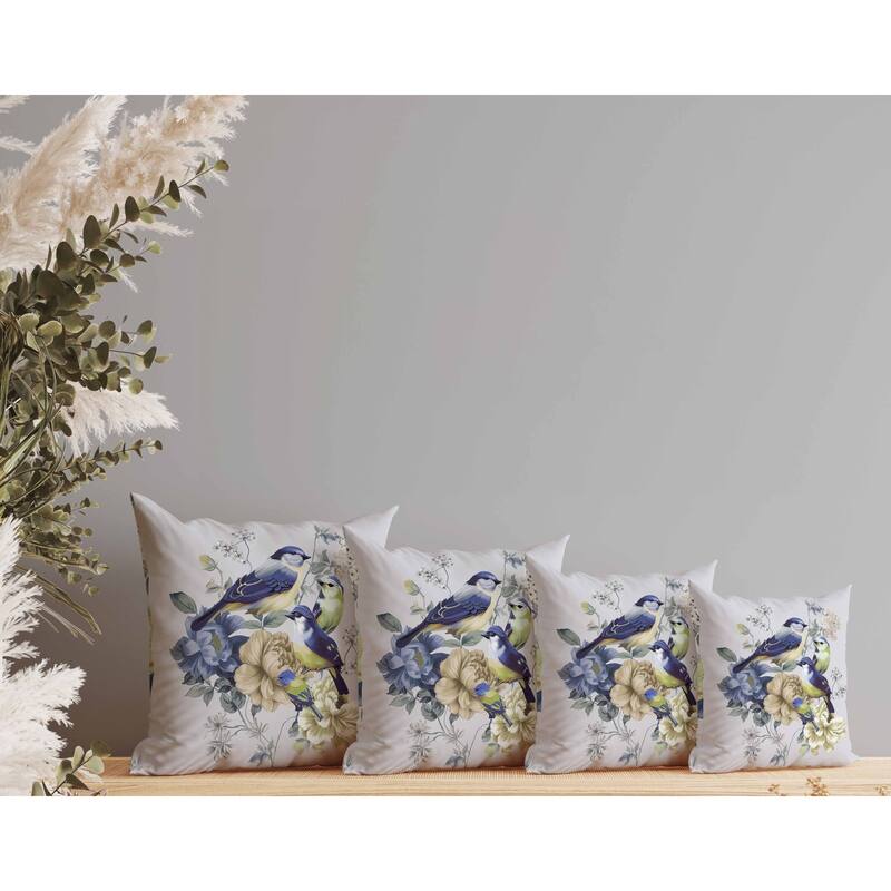 Petal Perched Birds Indoor/Outdoor Reversible Throw Pillow Silver and Blue