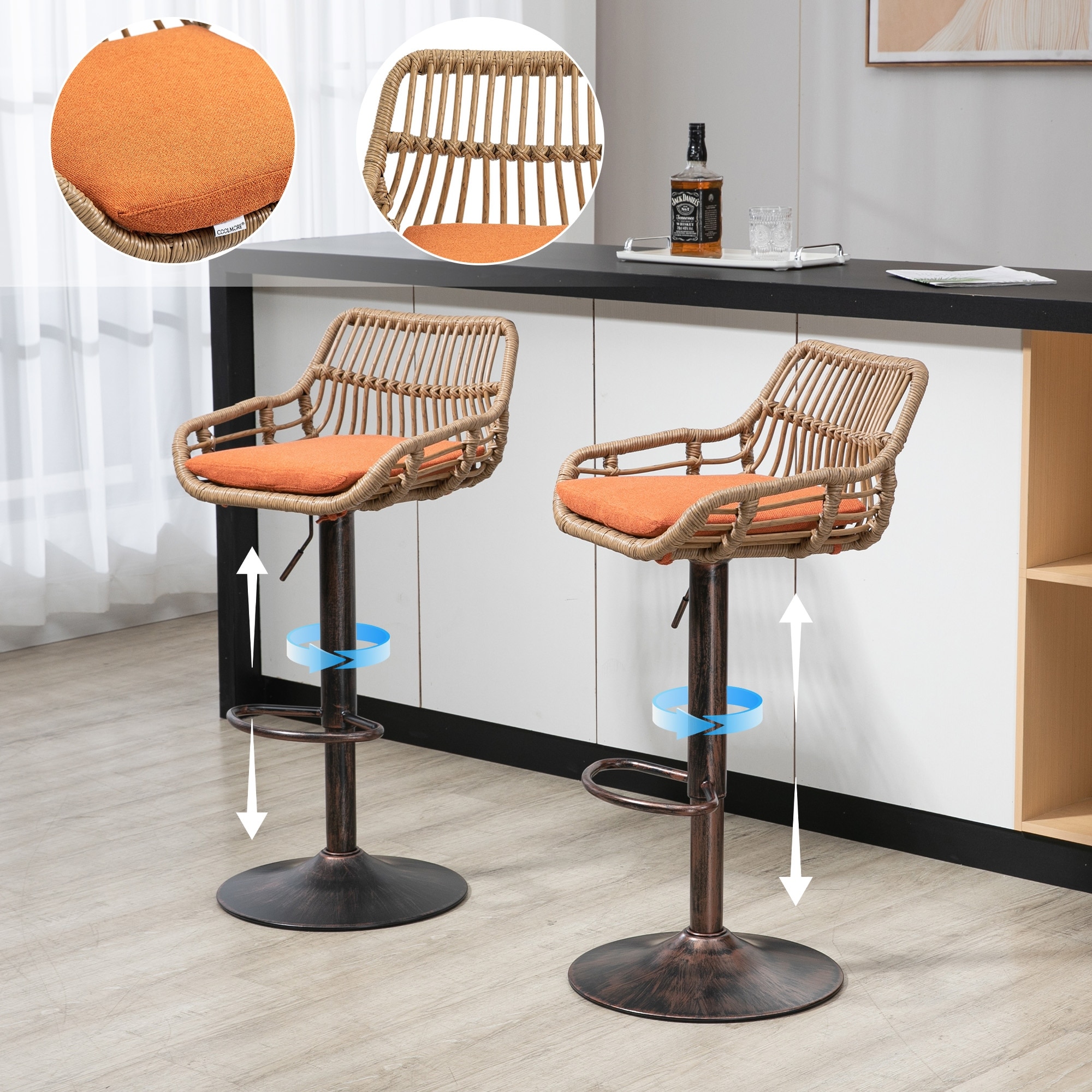 Modern Swivel Bar Stools Set of 2 Adjustable Counter Height Chairs with Footrest for Kitchen, Dining Room