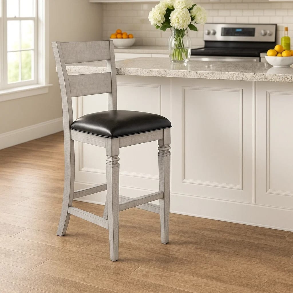 Zeka Barstool Chair Set of 2, Black Faux Leather, Gray Wood Ladderback