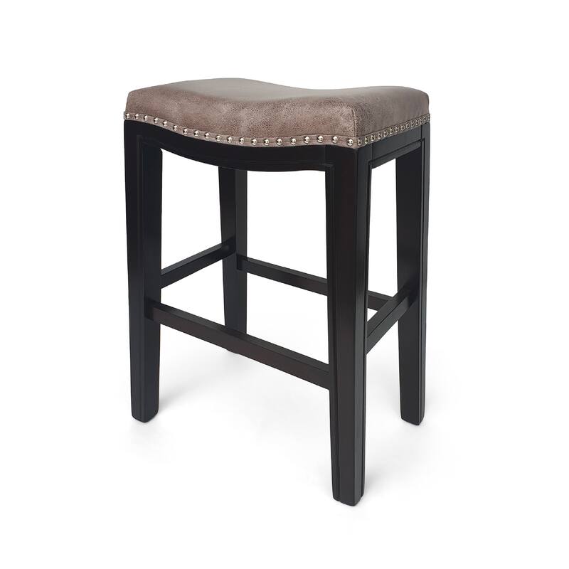 Feine Counter Stool Set of 2, Nailhead Trim, Taupe Gray Faux Leather