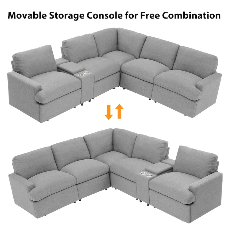 104" Linen Power Recliner Sectional 4-Seat Sofa with Storage, USB Ports and Cup Holders