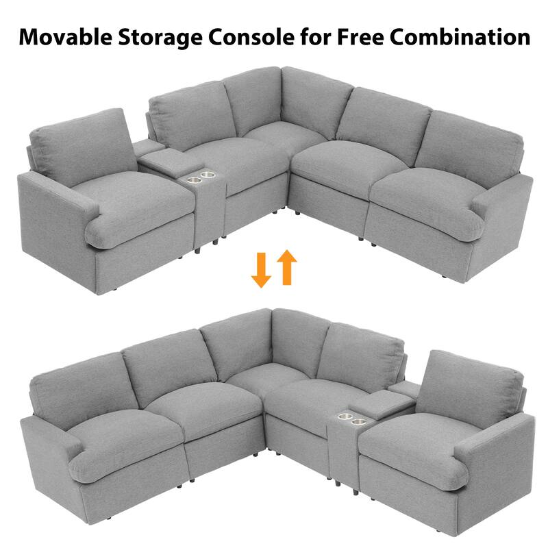 104'' Power Recliner Corner Sofa, Grey Linen, with Storage, Cup Holders & USB Ports
