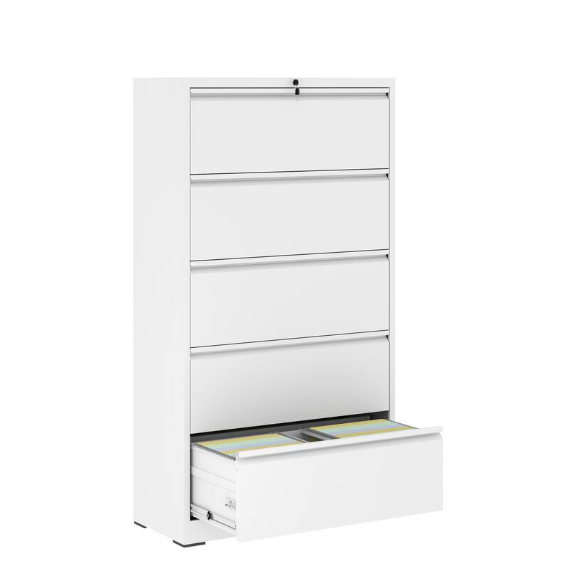 Modern File Cabinet Lateral File Cabinet Metal File Cabinet with 5 Drawers and Locks, for Home Offices, Black - White