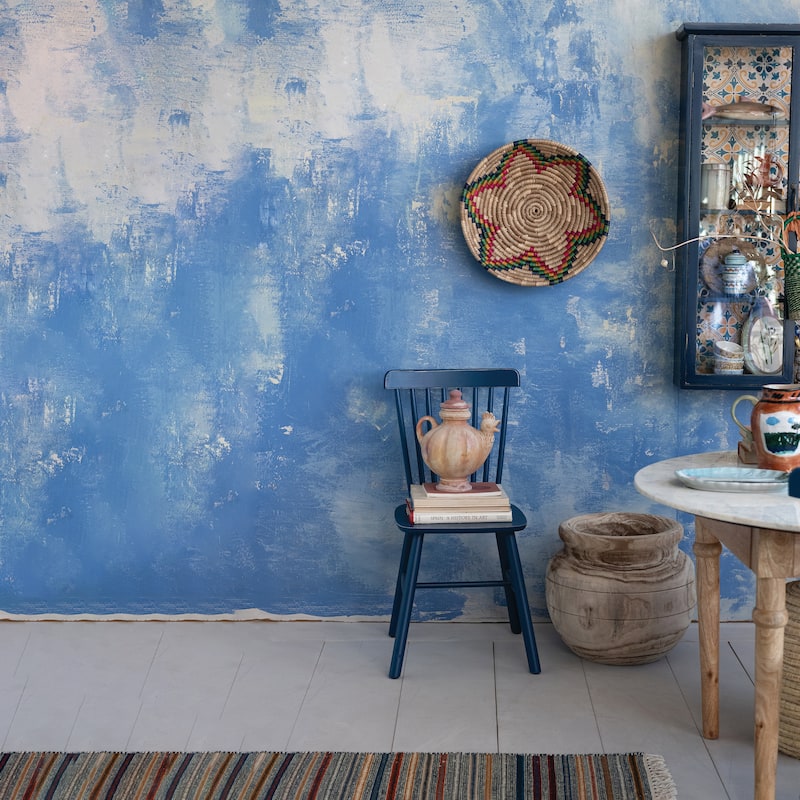 Wood and Glass Cabinet with 4 Shelves and Patterned Paper Back, Distressed Blue and Multicolor - 31.9"L x 8.6"W x 48.0"H