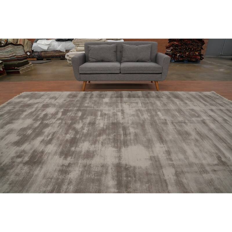 Hand Knotted Oriental Viscose Silk Carpet Modern Modern Brown Abstract Area Rug - 11' 4'' X 8' 1''