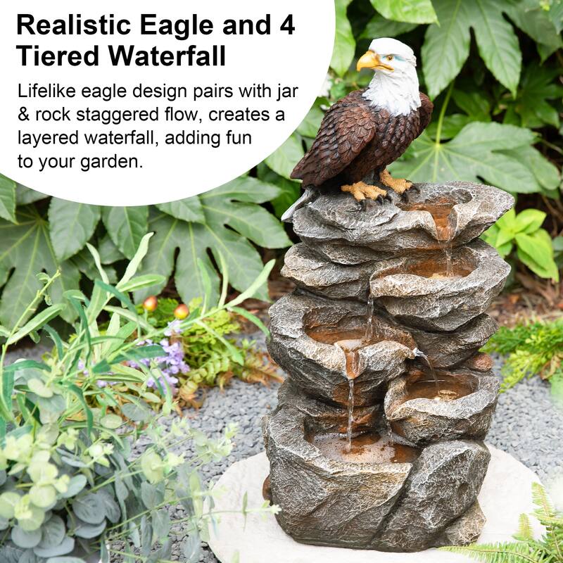 Glitzhome 25.25"H 4-Tiered Polyresin Eagel Stone Outdoor Fountain with Lights