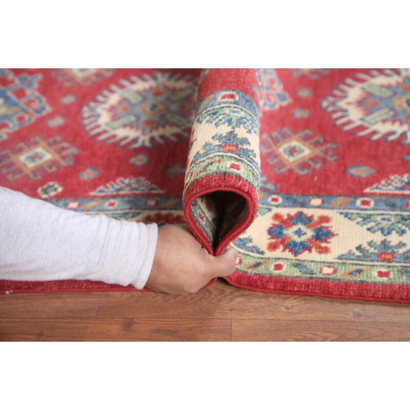 Hand Knotted Oriental 100% Wool Carpet Traditional Geometric Red Kazak Area Rug - 6' 5'' X 2' 9''