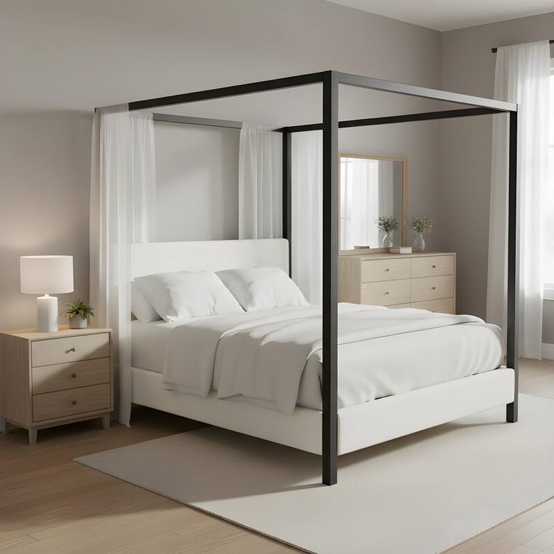 Christopher Knight Home - Mid-Century Modern Bouclé Upholstered Metal Canopy Bed Frame with Padded Headboard