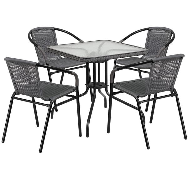 slide 2 of 13, 5-Piece Square Indoor/Outdoor Patio Table and Rattan Chairs Set - 28"W x 28"D x 28"H Clear Top/Gray Rattan