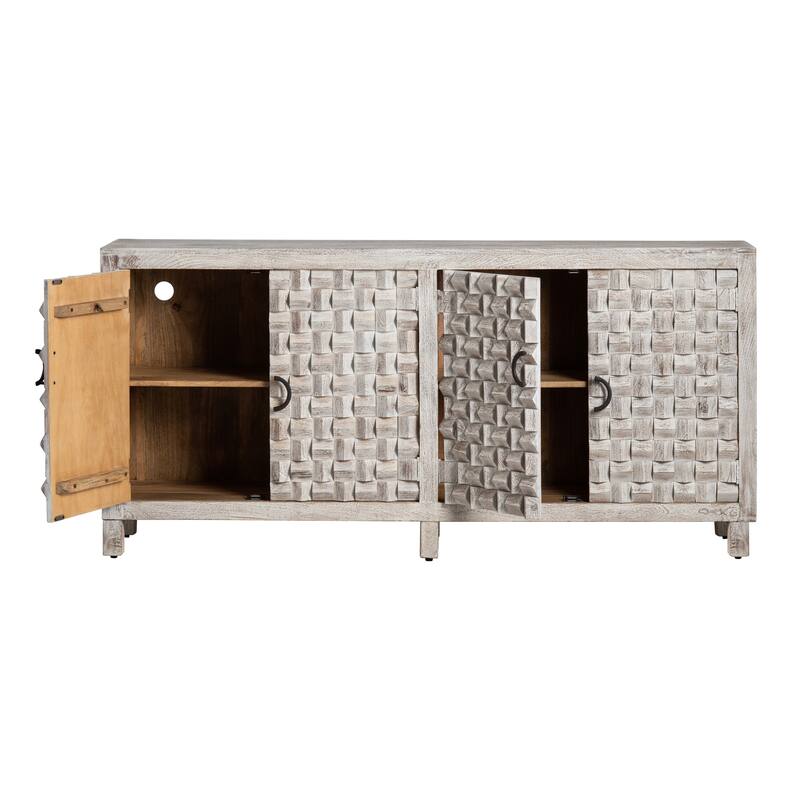 71 in. White Solid Wood 4 Door Media Credenza_Sideboard