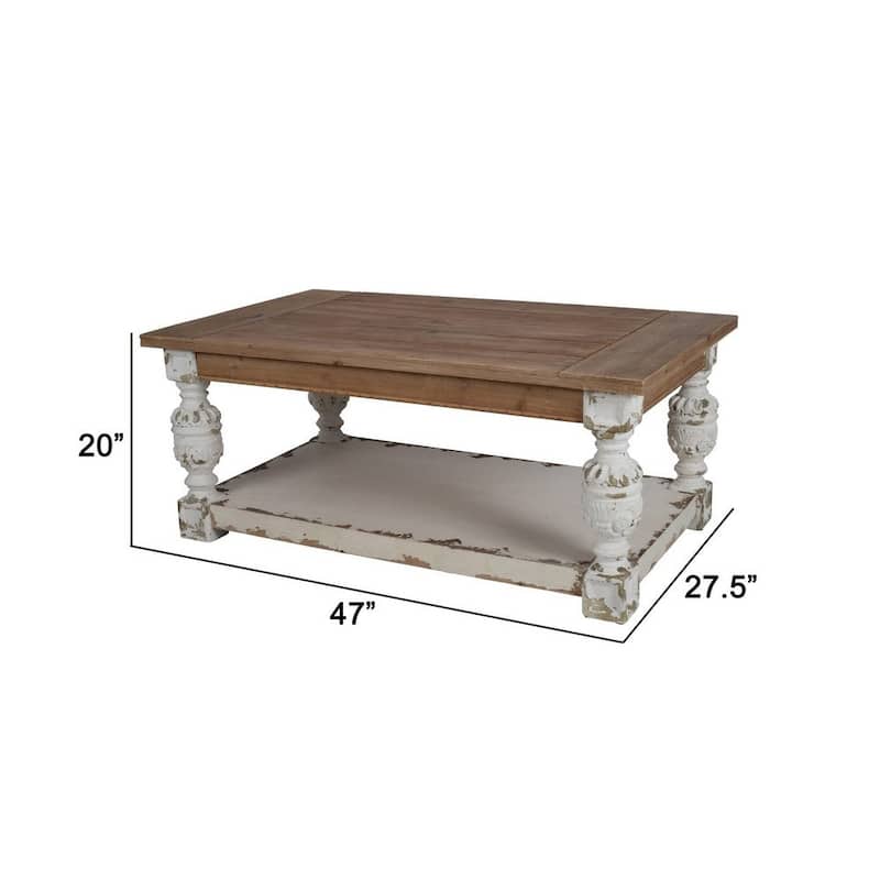 47 Inch Classic Coffee Table, Rectangular, Carved Leg, Bottom Shelf, Brown - 47.2" x 27.6" x 19.7"