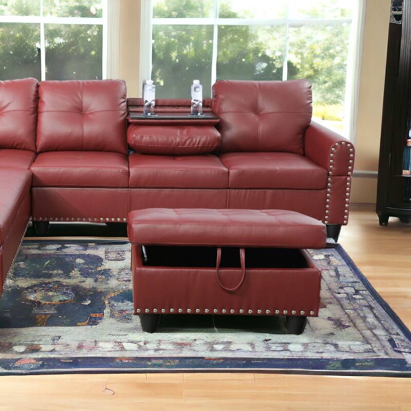 KISRAIS 28.5" Wide Vegan Leather Nailhead Trim Storage Ottoman