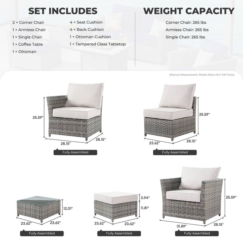HOOOWOOO 6-piece Grey Rattan Patio Furniture Outdoor Sectional Set with Ottoman