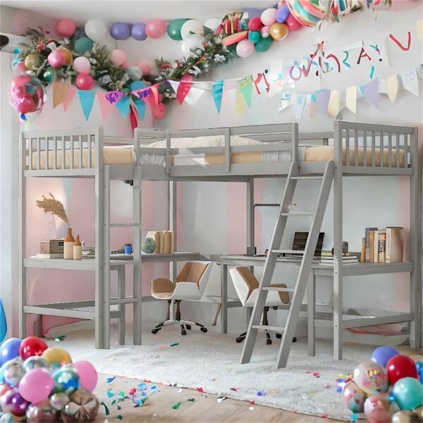 slide 2 of 24, Wood Twin Size L-Shaped Loft Bed with Ladder and 2 Built-in L-Shaped Desks, Gray Grey