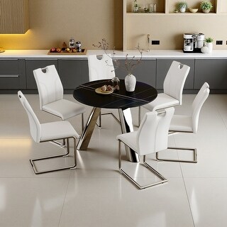 Set of 7 42" Round Sintered Stone Dining Table with Stainless Steel ...