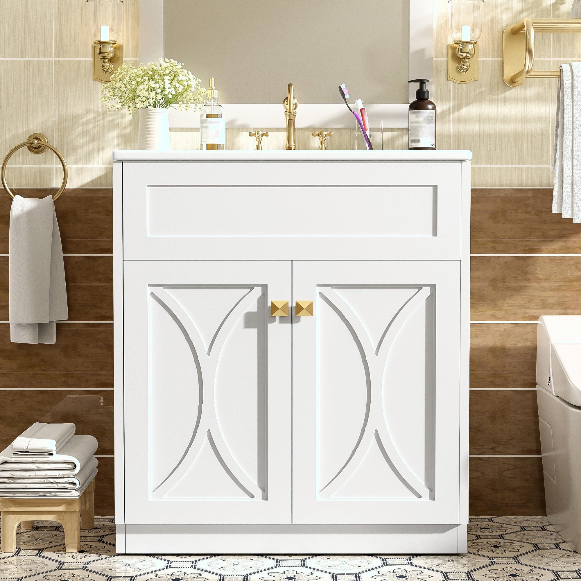 30" Bathroom Vanity - Ceramic Sink Combo, Freestanding Cabinet with Gold Handles