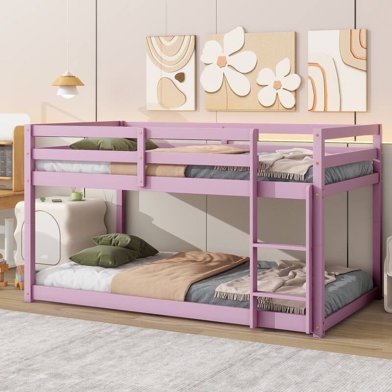 Low Loft Bed with Ladder, Solid Rubber Wooden Bed Frame for Multi Children, Floor Bed - Available with or without Slats - Pink with Slats Floor - Twin