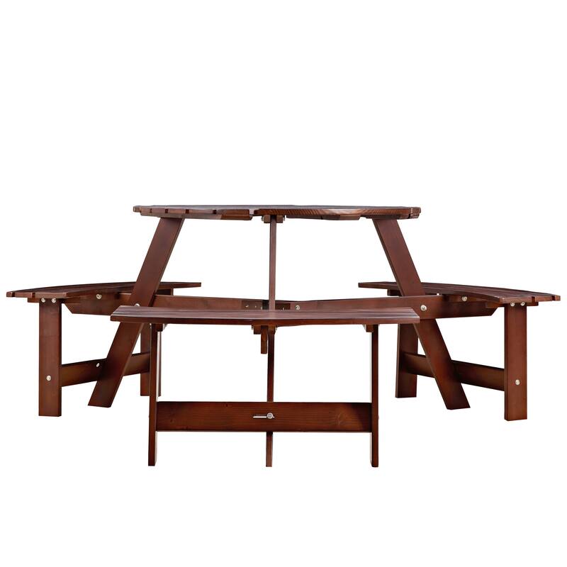 6-Person Outdoor Patio Wooden Round Picnic Table with 3 Built-in Benches and Umbrella Hole