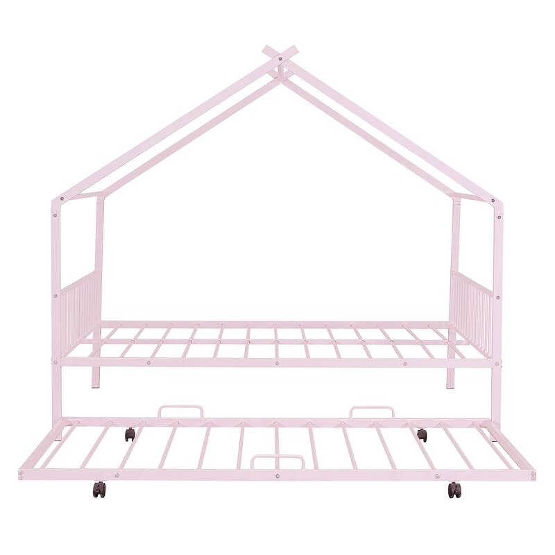 Full Size Metal House Bed with Twin Size Trundle