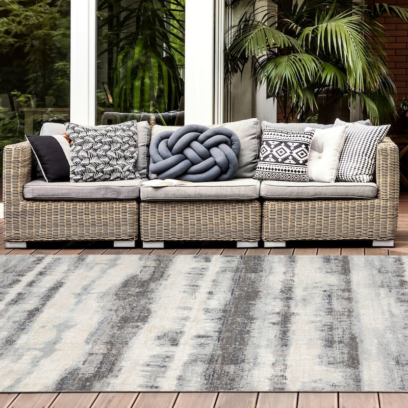 N Natori 24-Seven Outdoor/Indoor Off-White/Grey Tones/Teal Area Rug