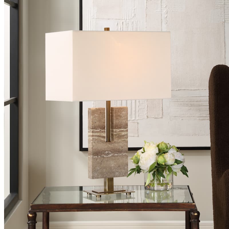 U-Shaped Travertine Table Lamp with Rectangle Shade - 26" - Antique Brass