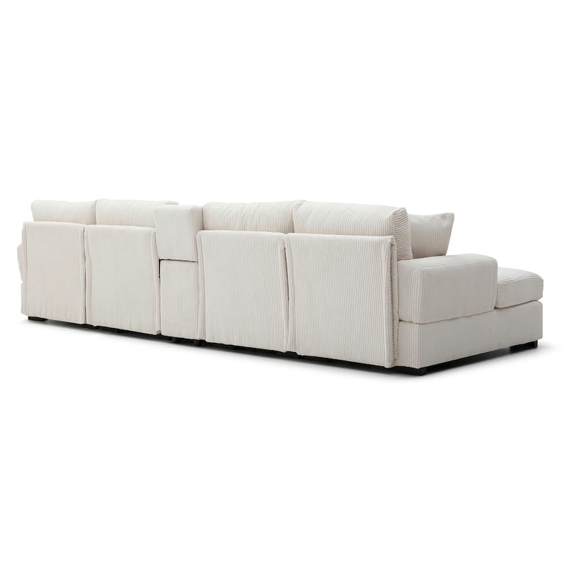 Comfy Corduroy Cloud U-shaped Sectional Sofa with Double Chiase Lounge, Built-in Storage Console and Cup Holders for Living Room