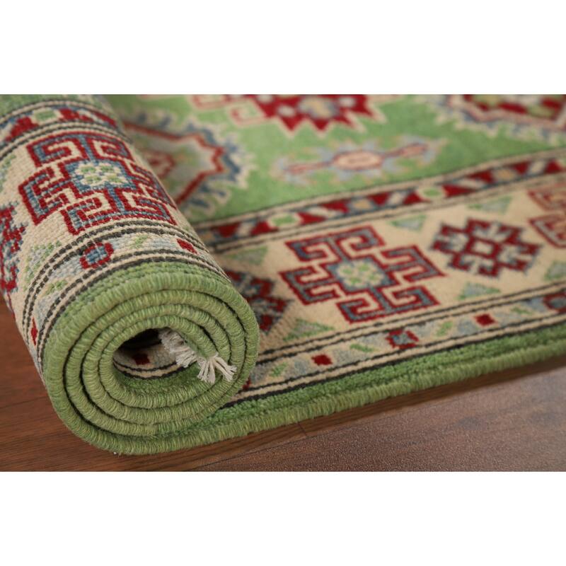 Light Green Kazak Oriental Runner Rug Hand-Knotted Wool Carpet - 2'9" x 9'7"
