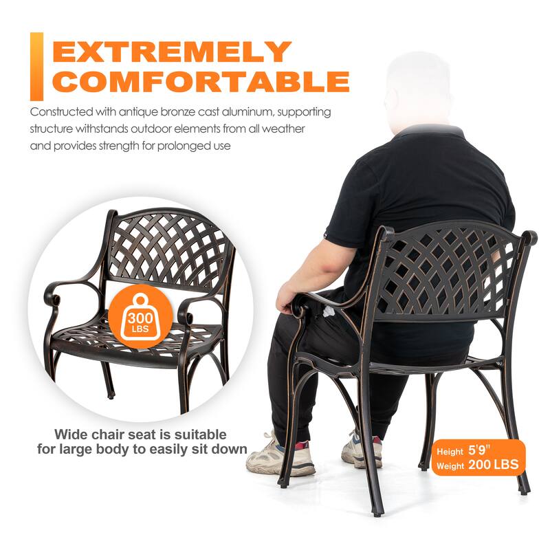 Outdoor 2-Piece Patio Cast Aluminum Dining Chairs with Armrests