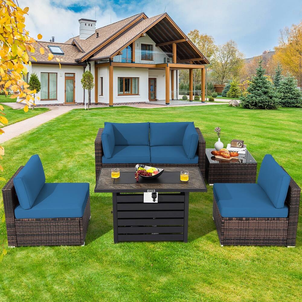 Costway 6PCS Patio Rattan Furniture Set 42'' Fire Pit Table Cover Sofa - See Details